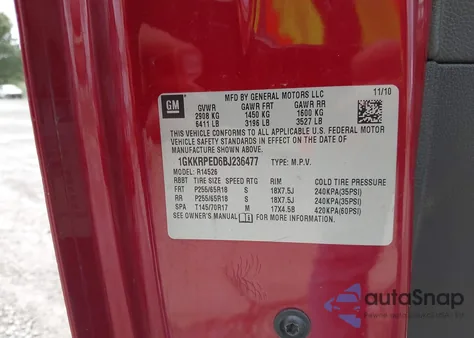 2011 GMC Acadia Sle z USA, uszkodzony, nr VIN 1GKKRPED6BJ236477